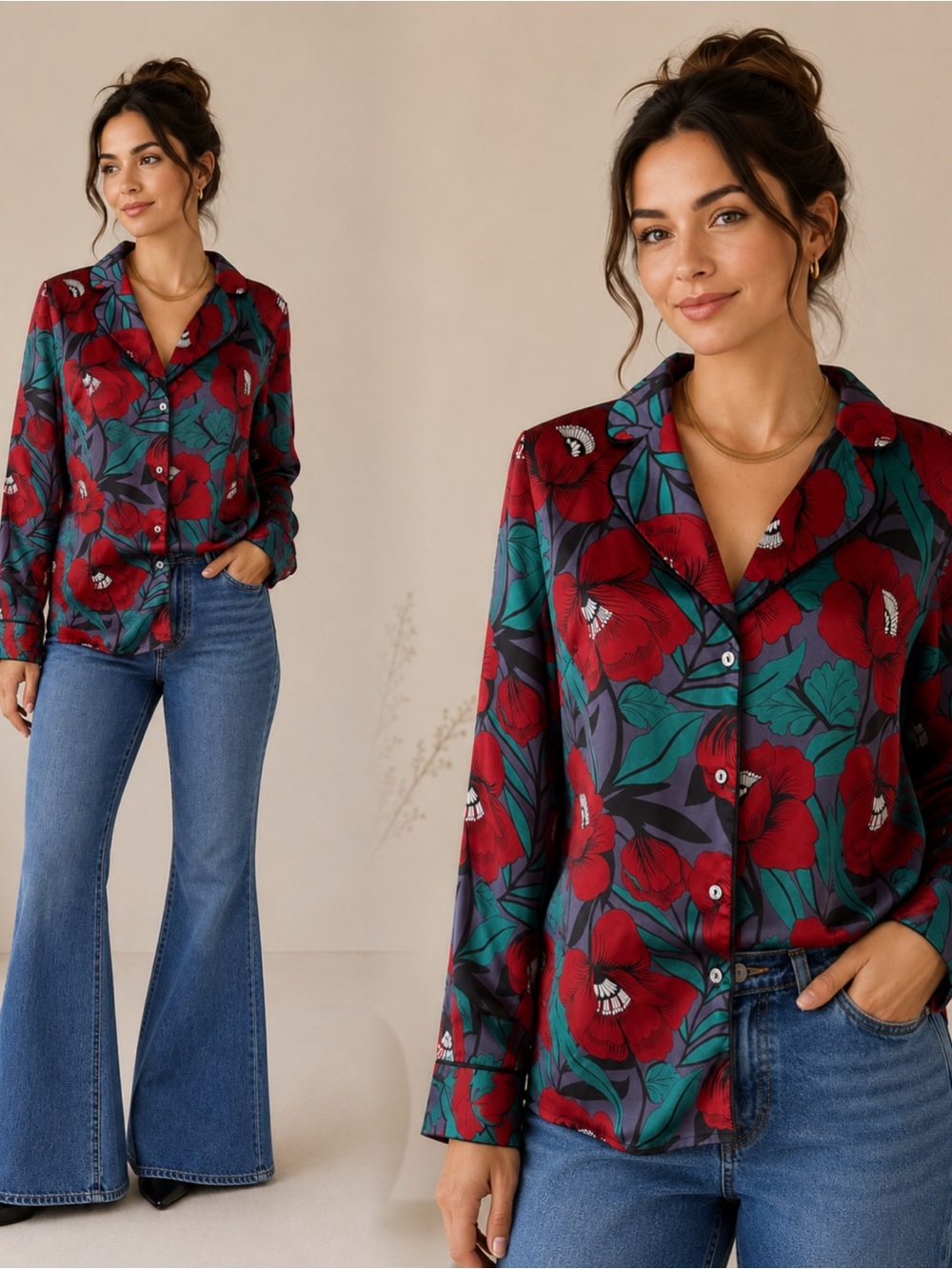 Bold Red Floral Button-Up Blouse with Teal Leaves